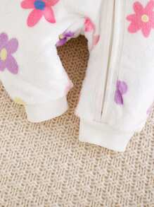 Cozy Pixies Newborn Baby Girl Colorful Floral Print Soft Knit Warm Long Sleeve Jumpsuit, Suitable For Winter, Indoor, Outdoor, Vacation