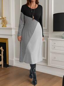 EMERY ROSE Plus Size Solid Color Patchwork Round Neck Long Sleeve Casual Dress Winter Dress