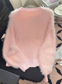 SHEIN LUNE Fluffy Thickened Elegant Cardigan Autumn/Winter Jacket, Pink Sweater - Baby Pink - View 2