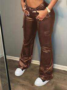 Slaydiva Nuevo esencial para fiestas de San Valentín, Navidad y Año Nuevo - Pantalones de carga de unicolor de piel sintética elástica y de cintura alta, versátiles y sexys para mujeres - Marrón - Ver 1