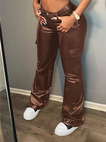 Slaydiva 2024 New Valentine's Day, Christmas, New Year Party Essential All-Match Versatile Sexy High Waist Stretchy PU Leather Solid Color Cargo Pocket Pants For Women