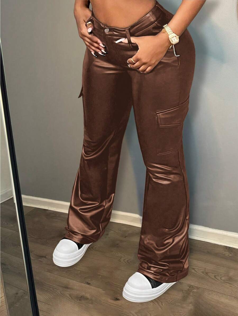 Slaydiva Nuevo esencial para fiestas de San Valentín, Navidad y Año Nuevo - Pantalones de carga de unicolor de piel sintética elástica y de cintura alta, versátiles y sexys para mujeres - Marrón - Ver 1