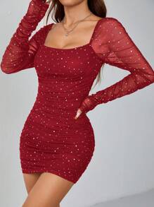 SHEIN PETITE Sequin Mesh Square Neck Long Sleeve Ruched Bodycon Mini Dress - Burgundy - View 6