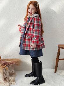 Blossori 年轻女孩格子翻领宽松前扣开合夹克，秋冬，校园风格 - 紅色 - 查看 6