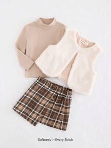 Cozy Pixies 3pcs/Set Baby Girl Solid Color Knitted Soft Mock Neck Sweater, Plaid Skirt And Sleeveless Furry Vest, Warm And Versatile For Winter, Suitable For Casual, Indoor, Holiday, Christmas, New Year Occasions - Multicolor - View 4