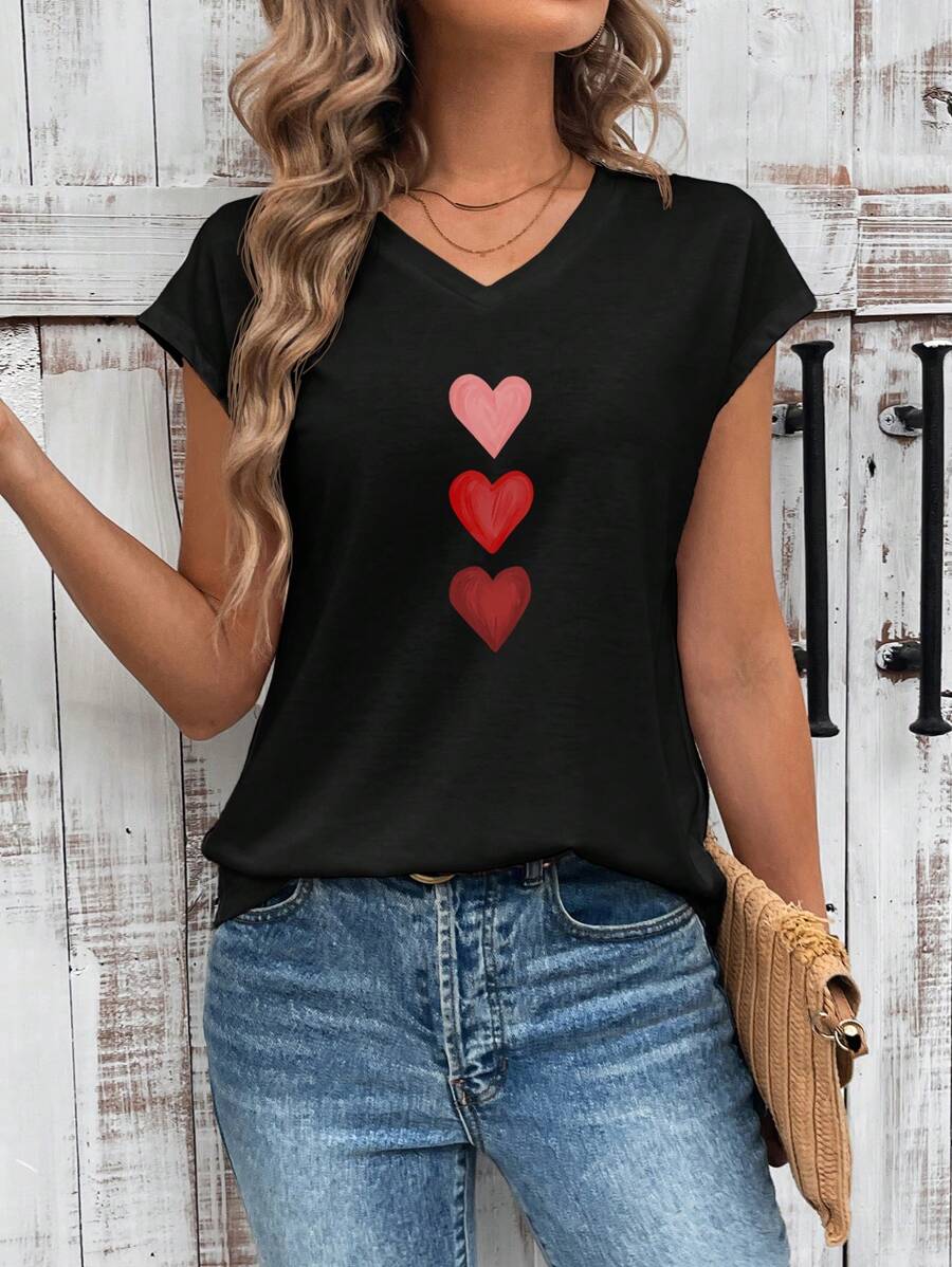 SHEIN LUNE Áo thun nữ cổ chữ V họa tiết trái tim tối giản giản dị, phù hợp cho mùa xuân/hè - màu đen - Xem 1
