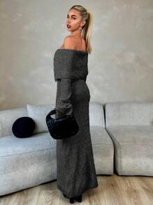 Roylia 女士露肩长袖休闲长裙 - 黑色 - 查看 4