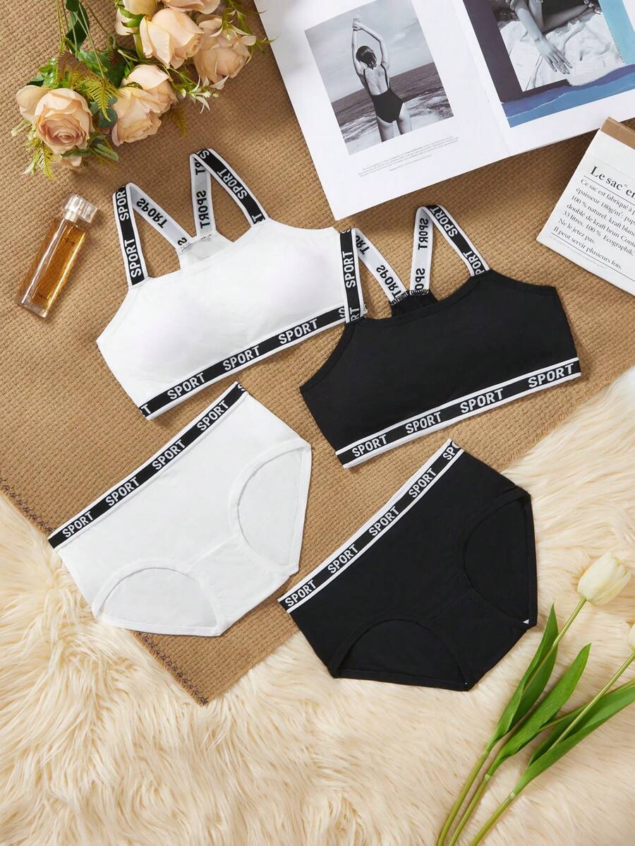 SHEIN 4pcs/Set Teen Girl Letter Print Elastic Strap Padded Comfortable Pullover Bra & Panty Set - Black and White - View 1