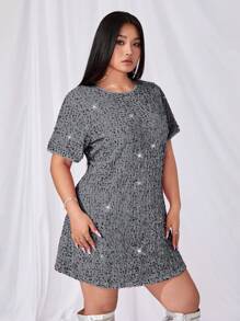 SHEIN ICON Vestido corto de manga corta con cuello redondo y lentejuelas, de moda para tallas grandes, de verano
