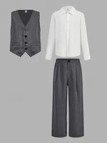 Set de 3 piezas de chaleco, camisa y pantalones a rayas para niño preadolescente, estilo caballero, apto para otoño, invierno y primavera. Excelente para actividades al aire libre, escuela, fotografía callejera, fiestas y vestir casual, alta rentabilidad - Multicolor - Ver 6
