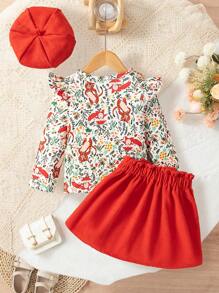 SHEIN 3 Stücke/Set: Kleine Mädchen Cord Tiger & Eichhörnchen Motiv Langarm Rundhals T-Shirt, bestickter Cord Rock, Barett Mütze, modisch süßes Retro Herbst/Winter Set