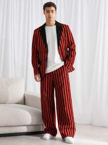 Manfinity VCAY Men's Woven Striped Color Block Loose Casual Turndown Collar Long Sleeve Blazer Jacket, Suitable For Autumn, For Fall Winter - Red - View 3