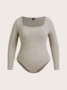 SHEIN Essnce 大码纯色方领罗纹紧身连身衣，长袖