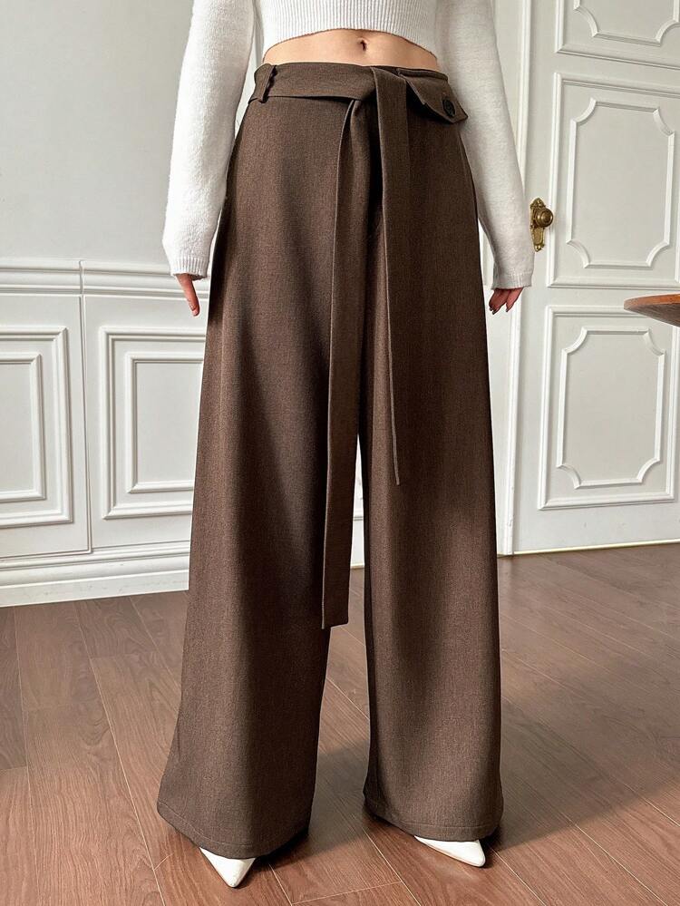 Women's Solid Color Loose Wide Leg Pants With Pockets And Waistband, Suit Pants Business Attire