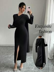Elenzga 1pc Design Sense V-Neck Flared Sleeve Fitted Slit Dress Maxi Women Outfit - Black - View 1