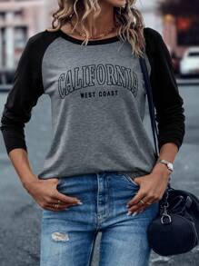 EMERY ROSE Women Plus Size Letter Pattern Color Block Raglan Sleeve Casual T-Shirt, Autumn Graphic Tees Women Tops Fall Cloth For Women - Dark Grey - View 5