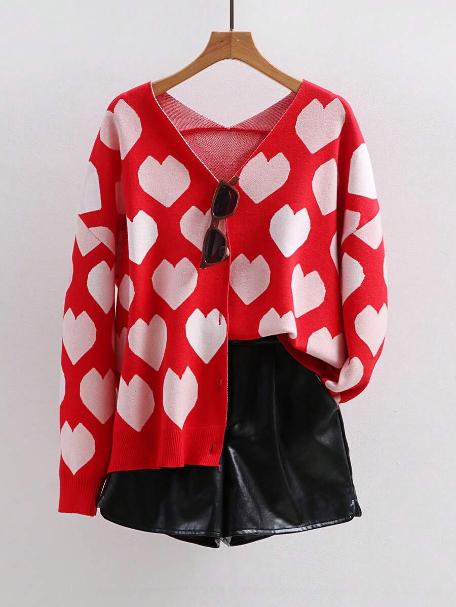 SHEIN LUNE Women's Casual Color Block Oversized Heart Pattern V-Neck ...