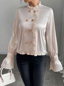 SHEIN Unity Solid Color Elegant Commuter Long Sleeve Shirt With Double-Breasted Frill Trim Fall Cloth For Women - Champagne - View 3