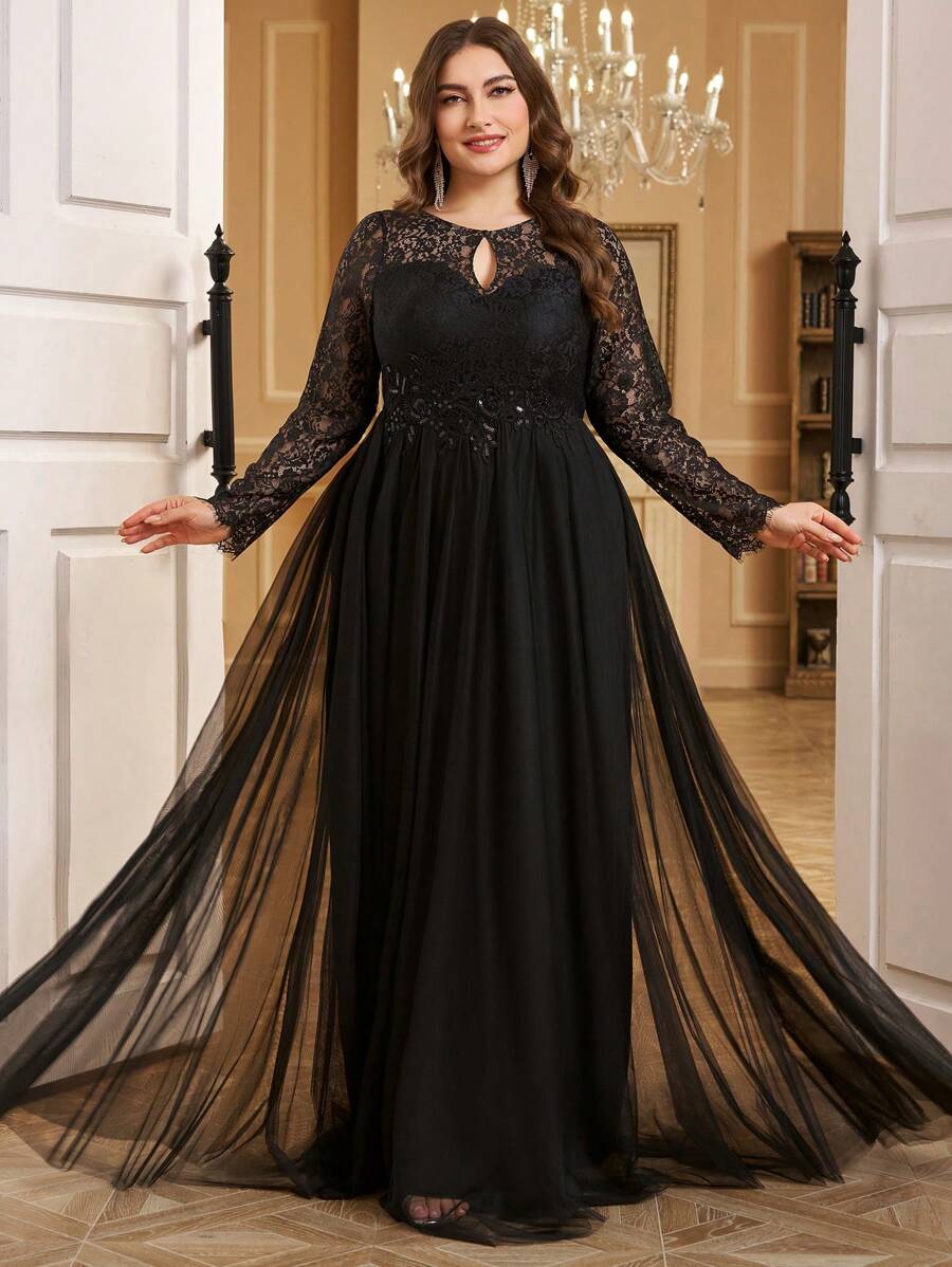 UNITHORSE 大码女式优雅蕾丝花朵长袖网眼婚纱搭配华丽连衣裙，全白派对服装女式 - 黑色 - 查看 1