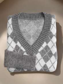 Flirla Women Argyle Pattern V-Neck Slim Fit Crop Pullover Sweater, Long Sleeve Top Knit Pullover Fall Winter - Multicolor - View 4