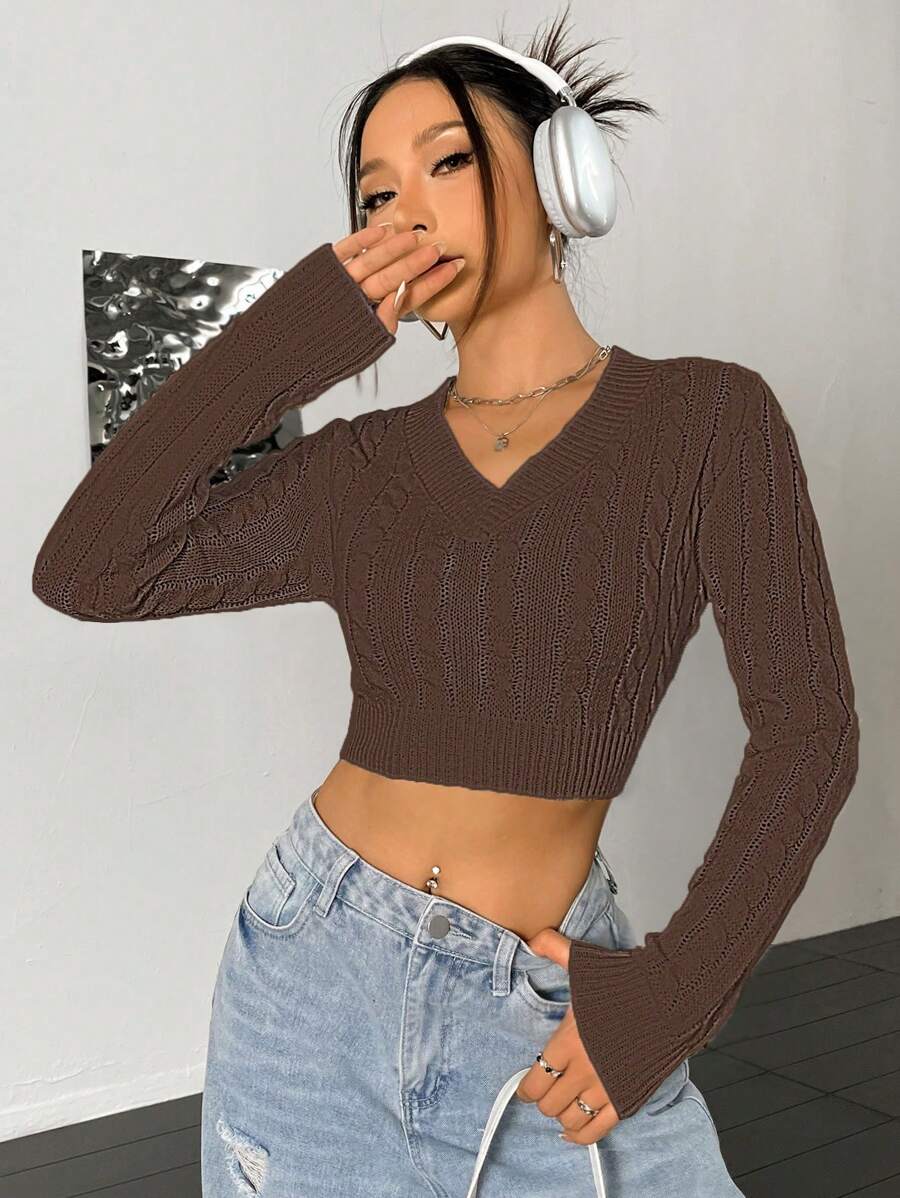 Flirla Sweater Kasual Wanita Lengan Panjang Model Crop dengan Leher V, Warna Polos, Model Pullover Rajut Musim Gugur/Dingin - Coffee Brown - View 1