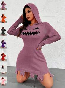 Flirla 大码图案印花连帽领休闲百搭长袖毛衣连衣裙，适合冬季