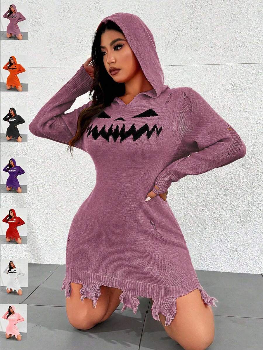 Flirla 大码图案印花连帽领休闲百搭长袖毛衣连衣裙，适合冬季