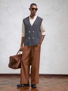 AKNOTIC Business Casual Men's Loose Fit V-Neck Knit Casual Sleeveless Vest, Suitable For Everyday Wear, For Fall Winter - Dark Grey - View 2