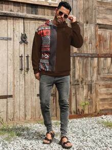 Manfinity Nomadique sweat-shirt à capuche ample et décontracté à manches longues avec imprimé géométrique, pour homme, automne