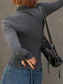 DAZY Women's High Neck Long Sleeve Studded T-Shirt,Fall Clothes - Grey - View 5