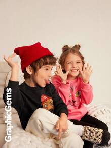 2pcs/Set Girl Cartoon Printed Long Sleeve Top And Solid Color Pants