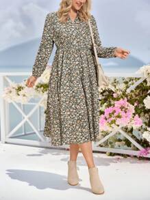SHEIN LUNE Vestido casual de manga larga con estampado floral de margaritas talla grande, vestido midi para fiestas y vacaciones