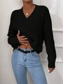 EURMUSE Women's Solid Color Drop Shoulder Sweater - Black - View 3