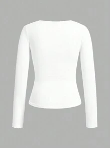 SHEIN EZwear 3 paquetes de camisetas de manga larga con cuello redondo y fruncido de color liso informal - Verde Oscuro - Ver 3