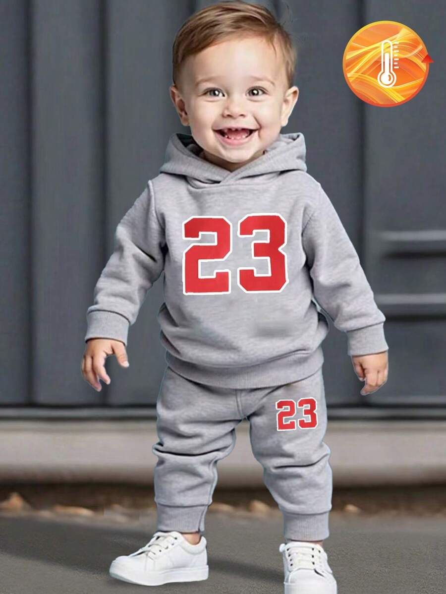 SHEIN 2 件套男婴字母印花连帽衫和裤子套装，适合秋季、春季和冬季 - 灰色 - 查看 1