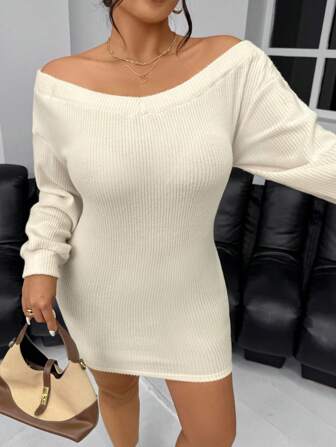 SHEIN Privé Plus Size Women Off Shoulder Long Sleeve Ribbed Fitted Elegant Dress