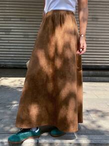 DAZY 女式 A 字型绒面革半身裙，中腰，松紧腰带，纯色，秋冬 - 棕色 - 查看 5