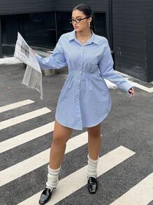 Flirla 休闲条纹腰部荷叶边收腰长袖迷你连衣裙 - 藍色 - 查看 6