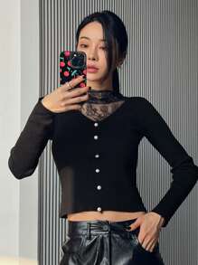 DAZY Autumn New Slim Fit Lace Patchwork Women Sweater - Black - View 2