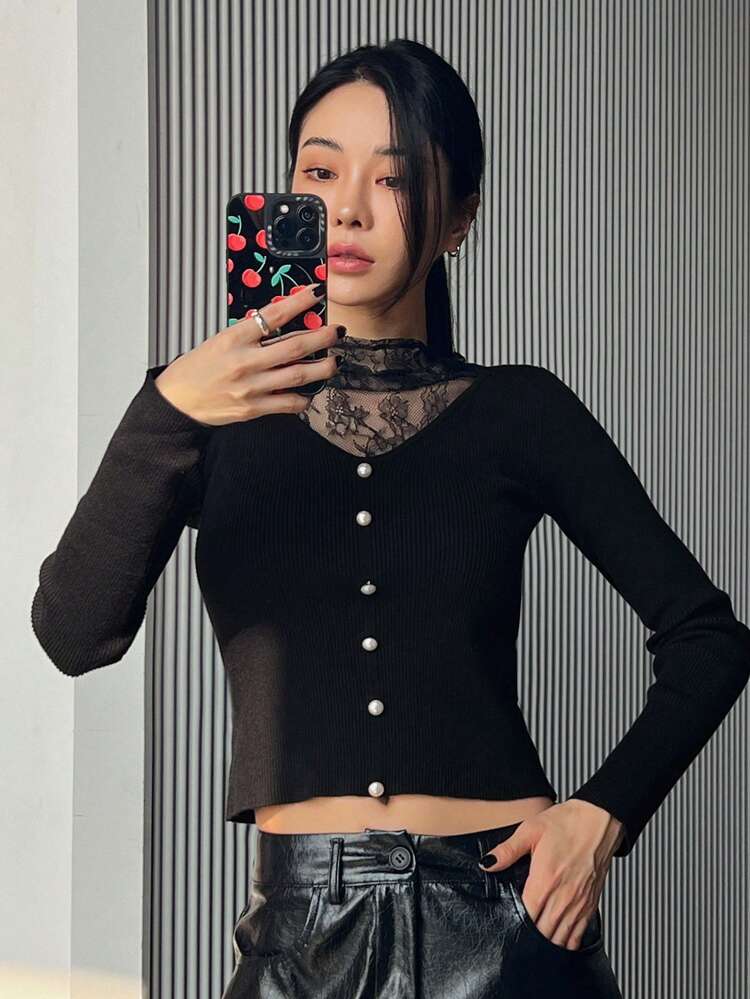 Autumn New Slim Fit Lace Patchwork Women Sweater