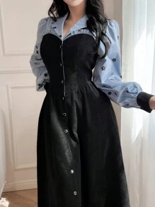 Feyla 女士秋季花卉拼布翻领单排扣连衣裙长款晚礼服 - 黑色 - 查看 5