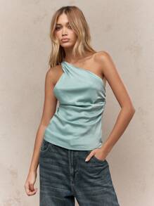 MISSGUIDED 优雅单肩垂褶上衣，丝滑晚宴派对衬衫，完美适用于圣帕特里克节庆祝活动、爱尔兰主题活动，设计精致，现代百搭，圣诞节必备。