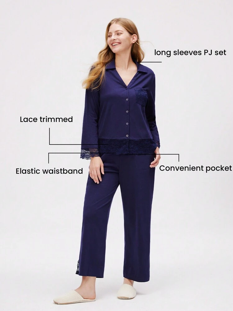 Cotton Lace Trim Button-Up PJ Set