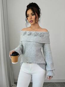 Elenzga Áo len dệt kim 3D họa tiết hoa màu trơn, hở vai, thích hợp cho mùa thu đông. - Xám - Xem 7