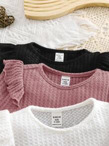 SHEIN Leap Crew 3pcs/Set Baby Girls Cute Knitted Waffle Top With Ruffle Trim Long Sleeve, Autumn/Winter - Multicolor - View 5