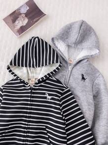 Cozy Pixies 2 件套：小男孩黑白条纹恐龙图案连帽衫长袖开衫夹克 - 彩色 - 查看 4