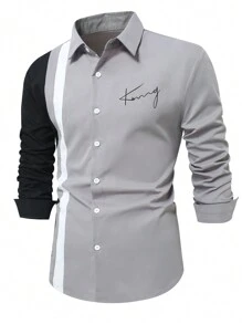 Manfinity Homme Camisa casual de manga larga con botones, estampado de letras y bloques de color, para hombre, otoño - Multicolor - Ver 3