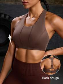 Powerista Women Solid Color Adjustable Hollow Comfy Elastic Sports Bra - Brown - View 1