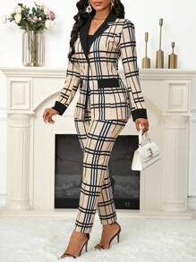 SHEIN Lady Plaid Print Stitching Black Collar Women's Suit Jacket And Women's Suit Trousers, Daily Work Party In Autumn And Winter Suit Women's Two Pieces Set