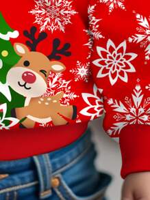 SHEIN 女婴圣诞节可爱卡通雪人、圣诞鹿、圣诞树、雪花图案红色喜庆休闲宽松圆领舒适柔软针织套头衫卫衣、婴儿圣诞节、圣诞节、圣诞节、圣诞女婴、圣诞节卫衣、可爱卫衣 - 彩色 - 查看 4